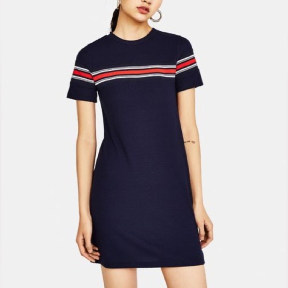Bershka Navy Blue Striped Knit Jersey Dress Size Small - Picture 1 of 5